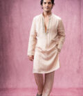 Ivory silk checks embroidered kurta set
