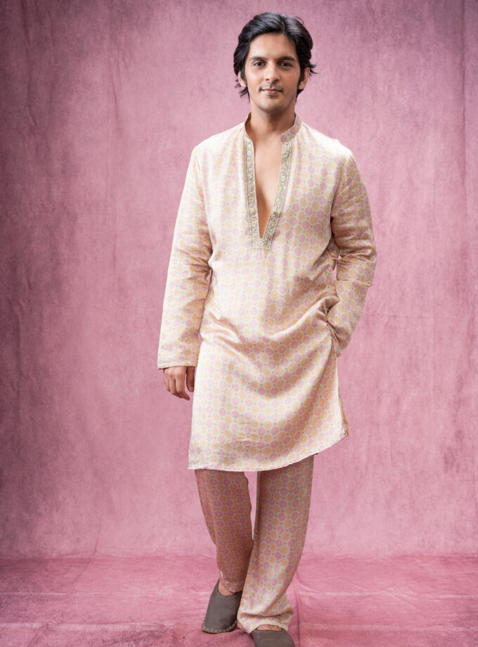 Ivory silk checks embroidered kurta set