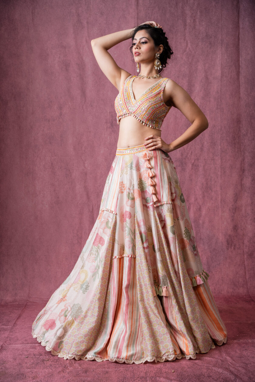 Patchwork ivory lehenga with embroidered choli