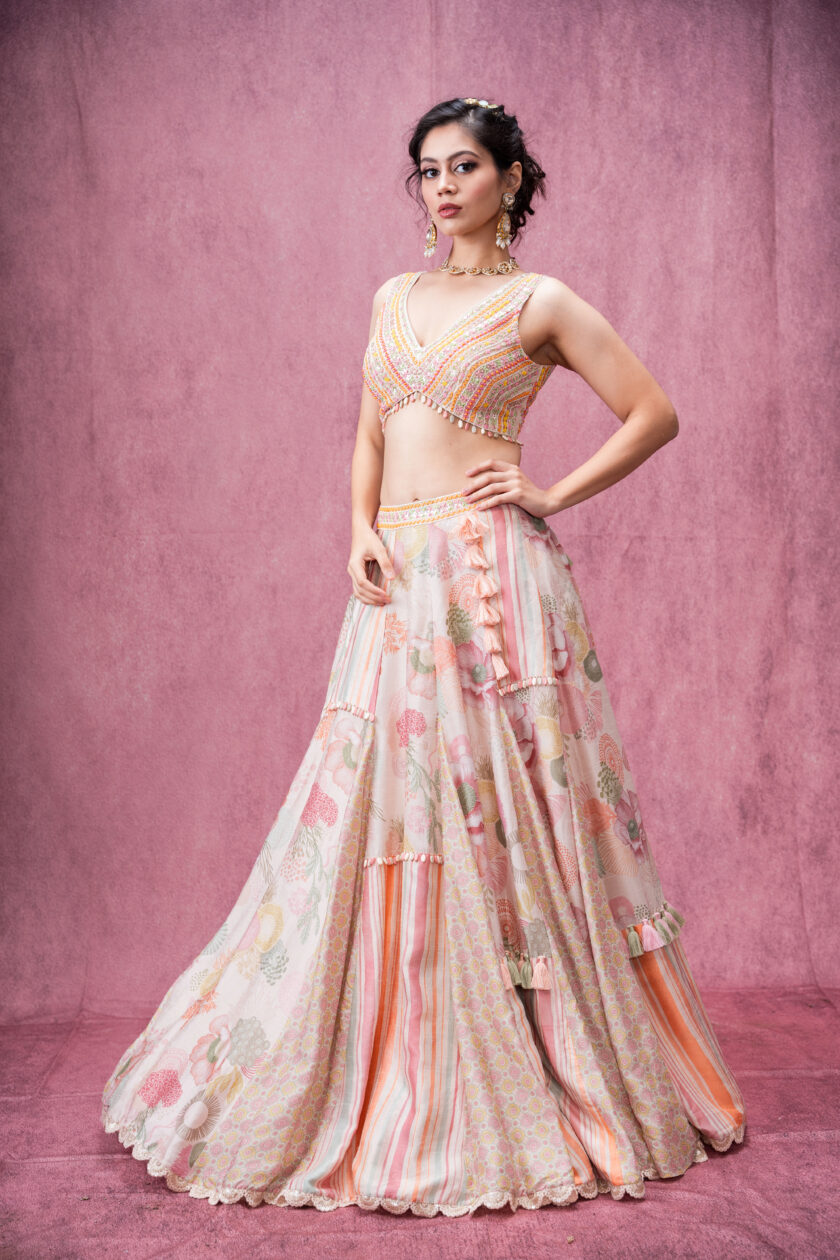 Patchwork ivory lehenga with embroidered choli - Image 5