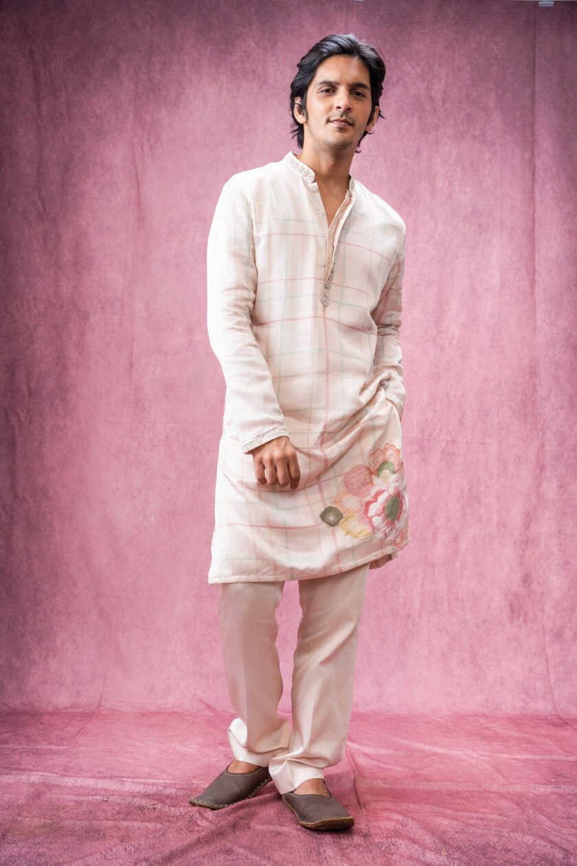 Ivory checks with floral applique with mirror work  embroidered collar - Image 2