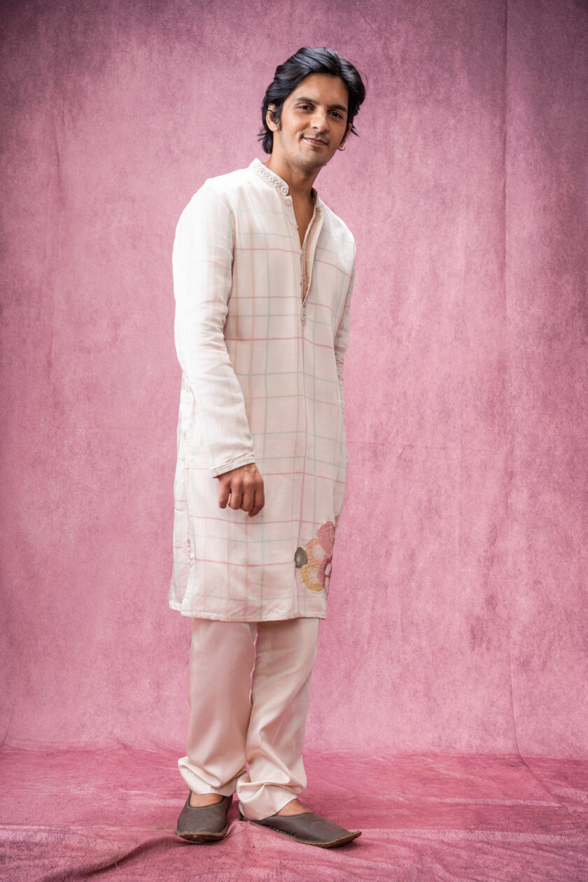 Ivory checks with floral applique with mirror work  embroidered collar - Image 4