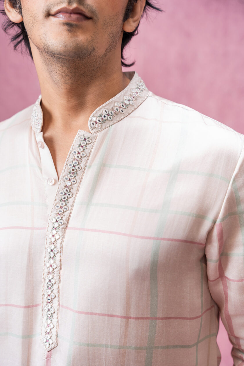 Ivory checks with floral applique with mirror work  embroidered collar - Image 3