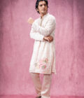 Ivory checks with floral applique with mirror work  embroidered collar