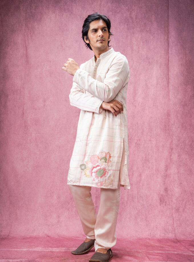 Ivory checks with floral applique with mirror work  embroidered collar