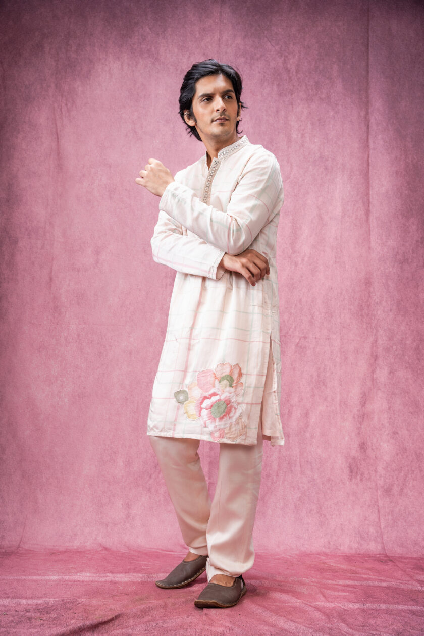 Ivory checks with floral applique with mirror work  embroidered collar