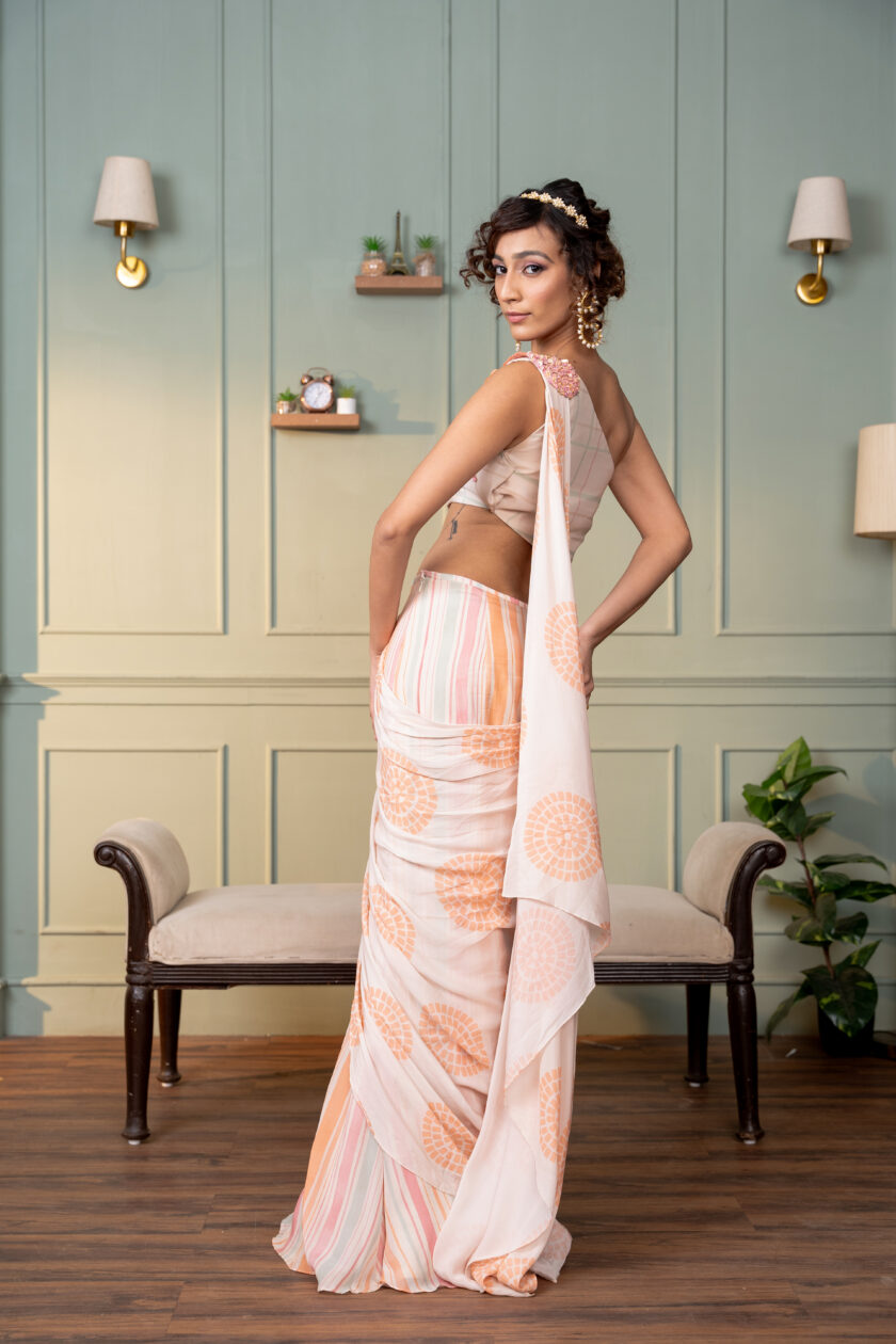 Ivory one shoulder drape saree with hand  embroidered motif - Image 3