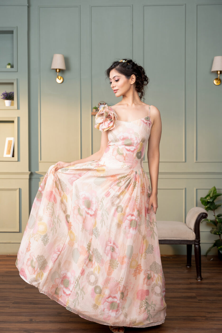 Printed ivory organza dress