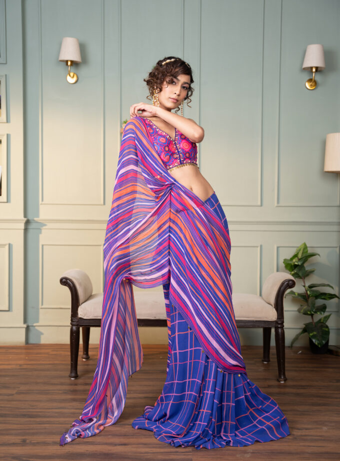 Electric blue printed drape saree with  hand embroidered choli