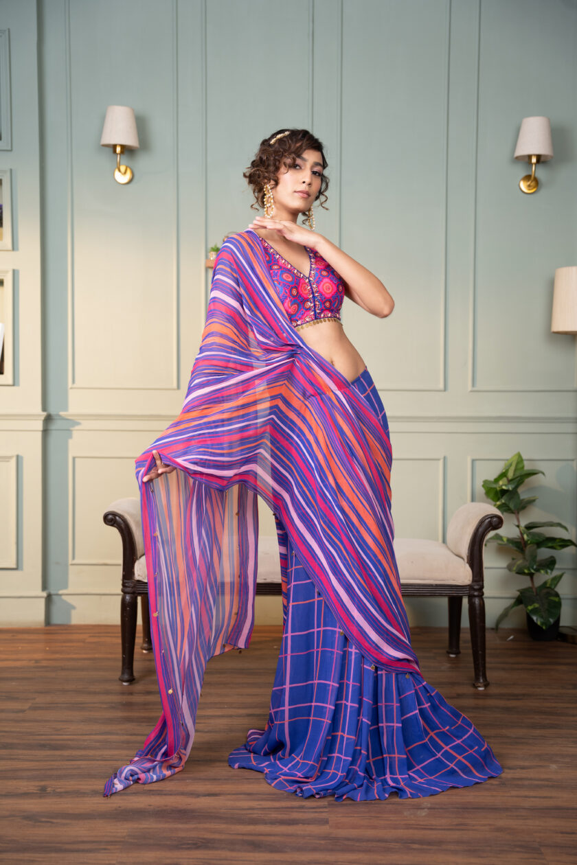 Electric blue printed drape saree with  hand embroidered choli - Image 3