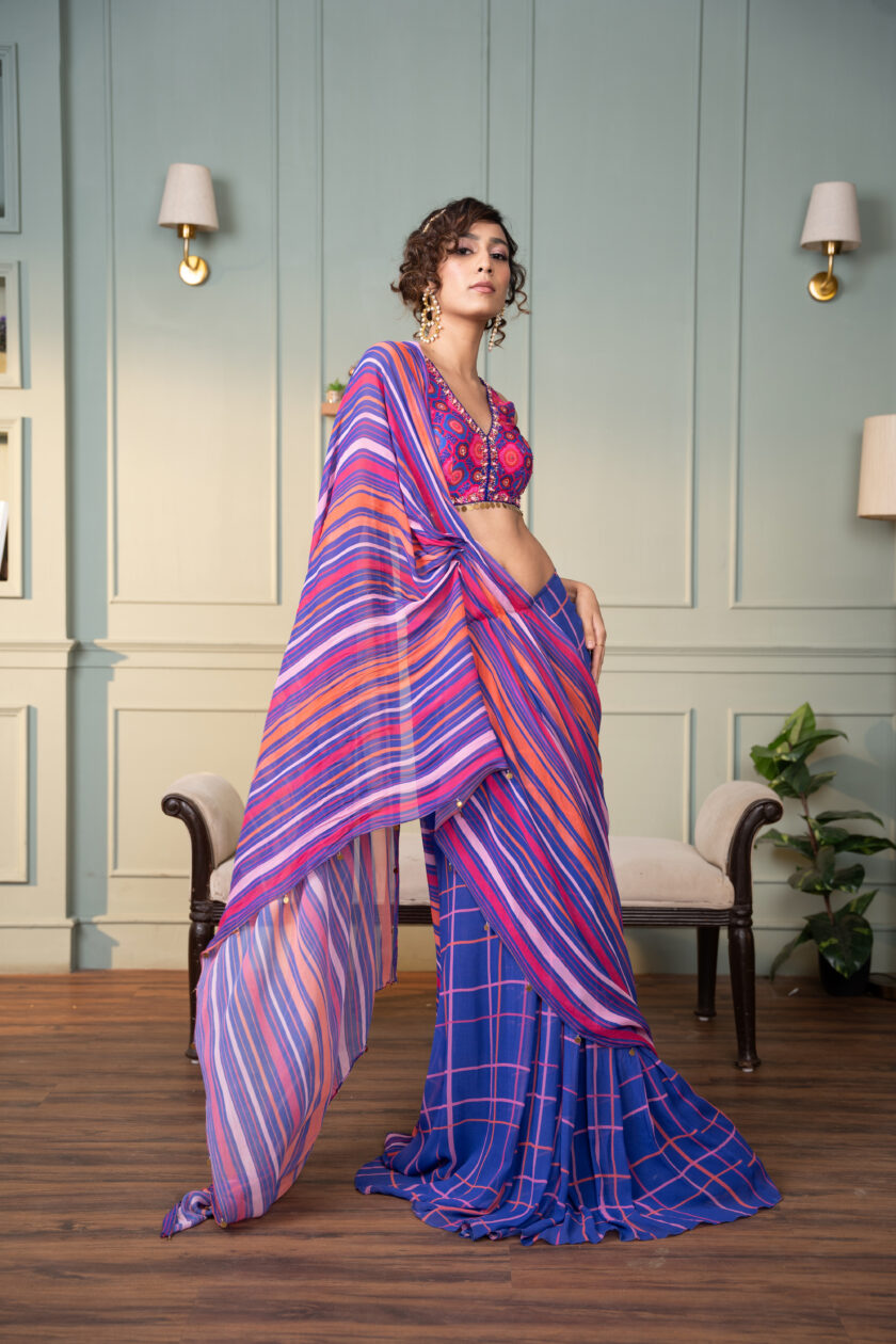 Electric blue printed drape saree with  hand embroidered choli - Image 2
