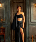 Teal drape skirt with hand embroidered choli and jacket