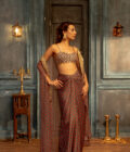 Teal checks printed silk draped skirt with  embroidered choli and cape