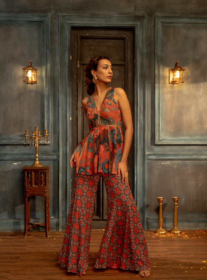 Teal floral embroidered short kurta with bell-bottom  palazzos
