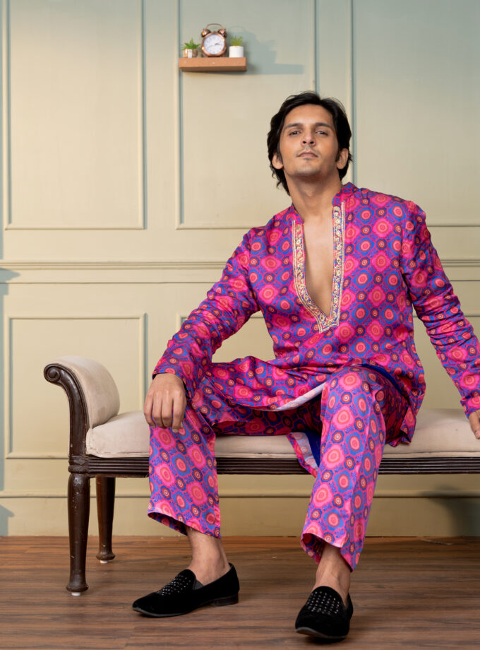 Electric blue silk kurta set with embroidery