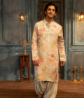 Sky blue printed kurta with mirror work embroidery  and salwar