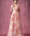 Ivory and pink floral printed organza lehenga set with  embroidered choli