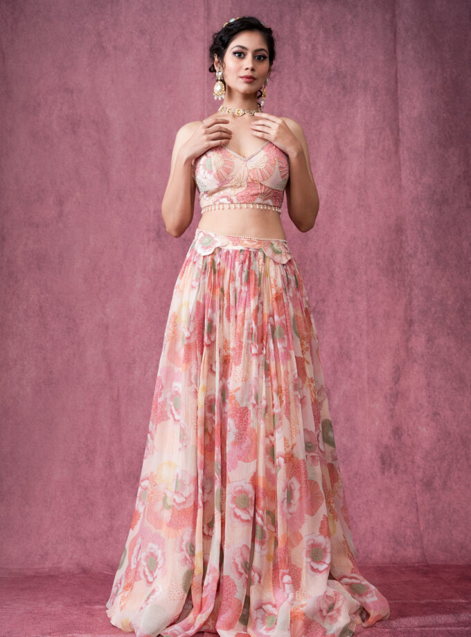 Ivory and pink floral printed organza lehenga set with  embroidered choli
