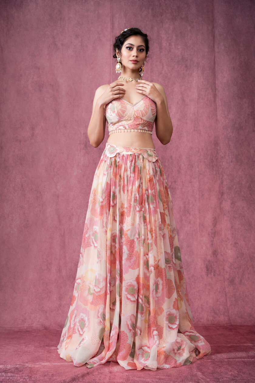 Ivory and pink floral printed organza lehenga set with  embroidered choli