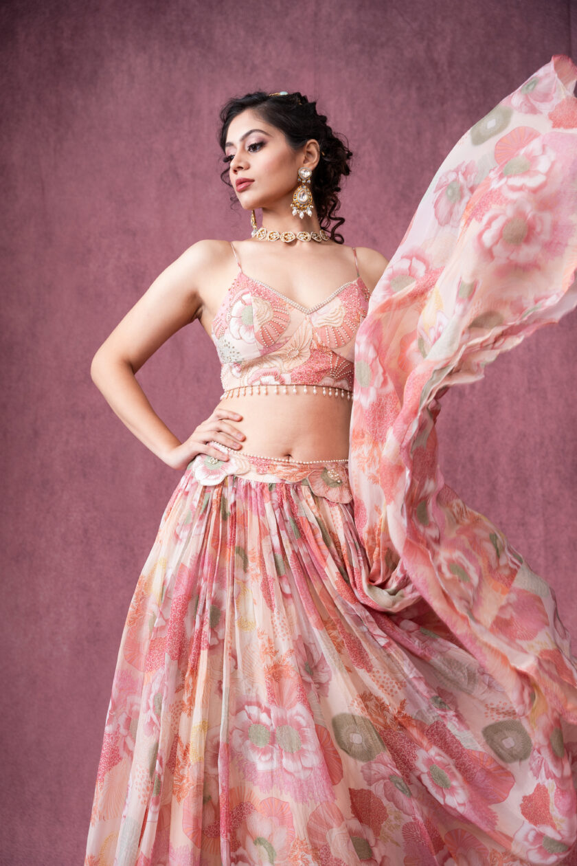Ivory and pink floral printed organza lehenga set with  embroidered choli - Image 2