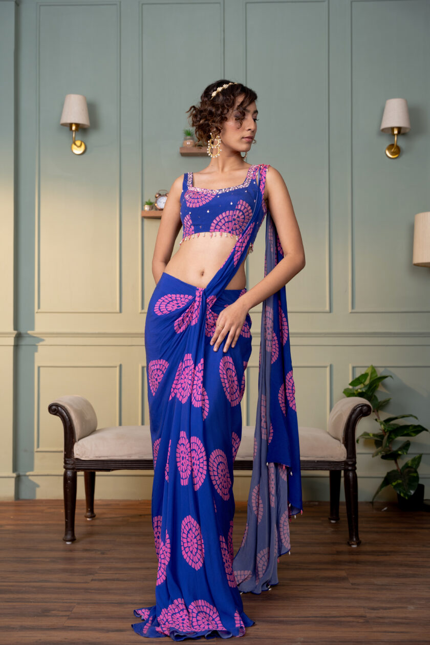 Electric blue polka printed drape saree with  embroidered blouse - Image 4