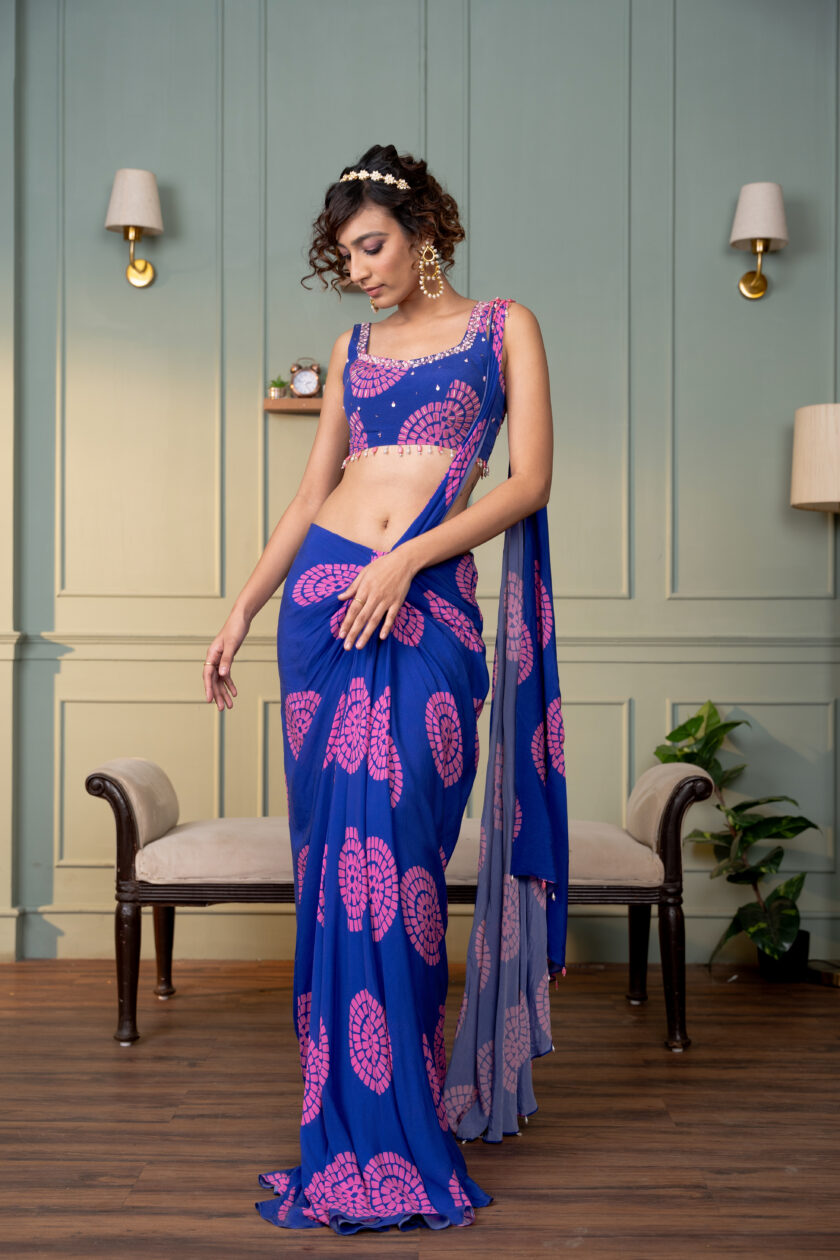 Electric blue polka printed drape saree with  embroidered blouse - Image 2
