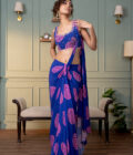 Electric blue polka printed drape saree with  embroidered blouse