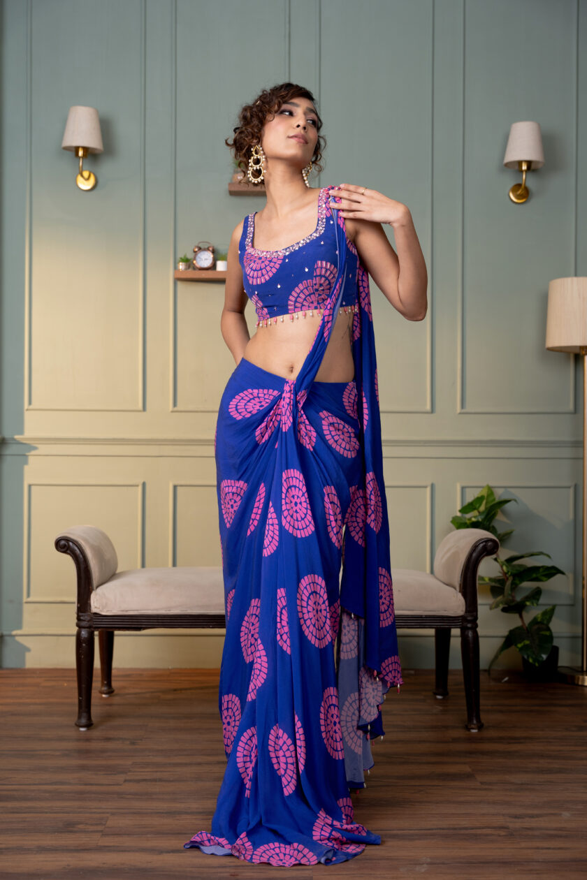 Electric blue polka printed drape saree with  embroidered blouse