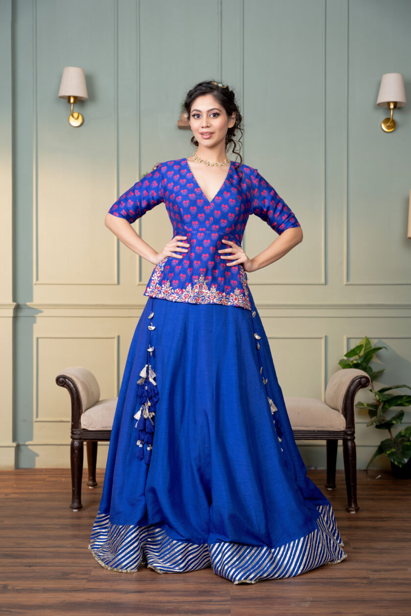 Electric blue paisley embroidered kurta with lehenga