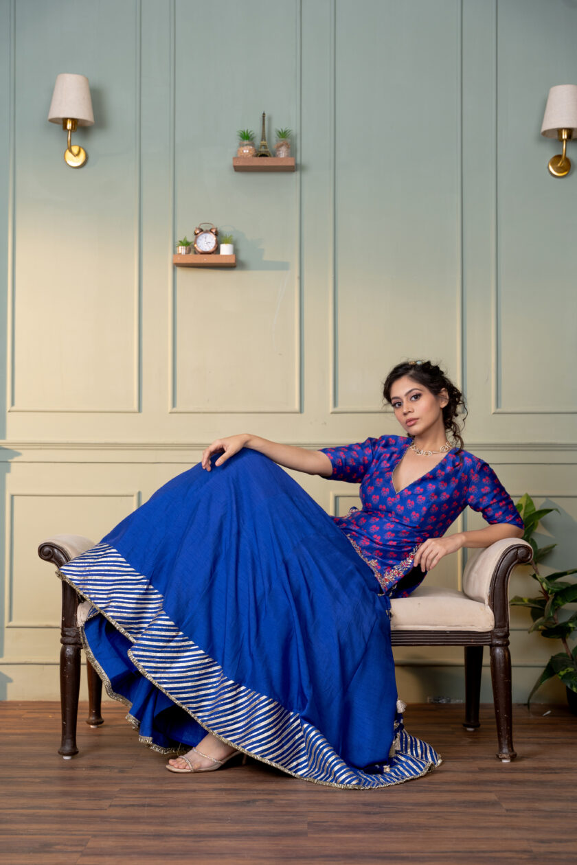 Electric blue paisley embroidered kurta with lehenga - Image 2
