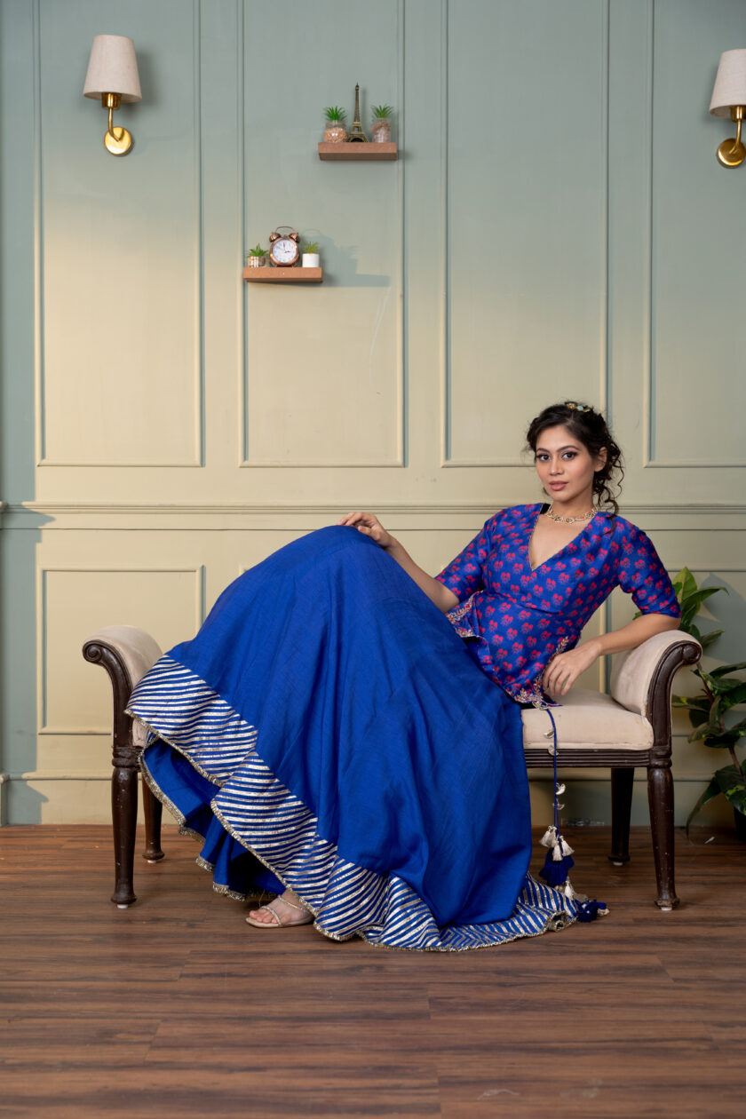 Electric blue paisley embroidered kurta with lehenga - Image 4
