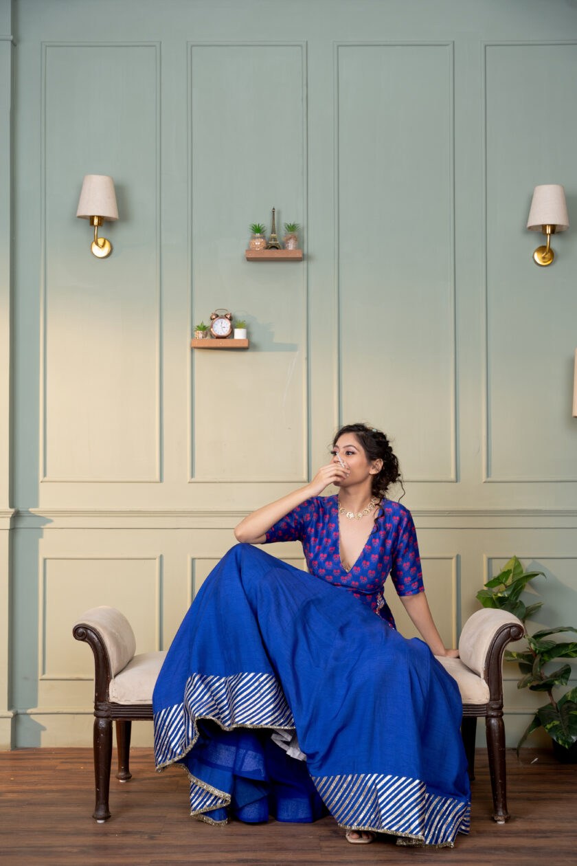 Electric blue paisley embroidered kurta with lehenga - Image 3
