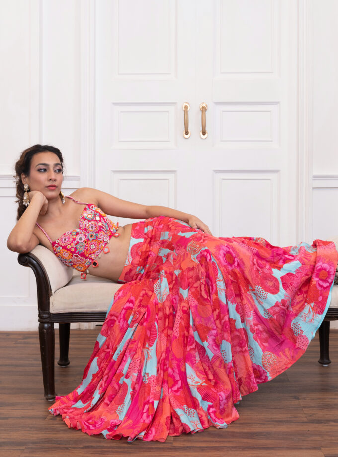 Pink fish cut lehenga with hand work choli