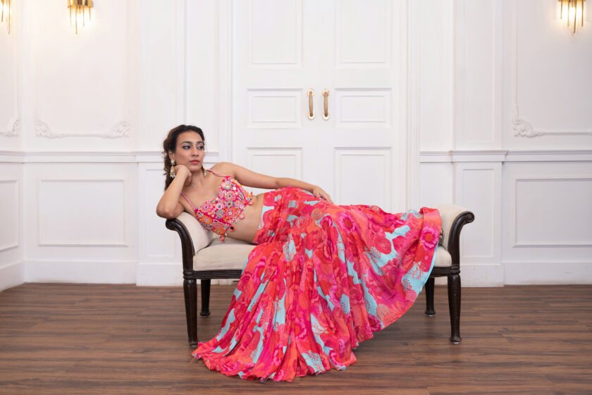 Pink fish cut lehenga with hand work choli