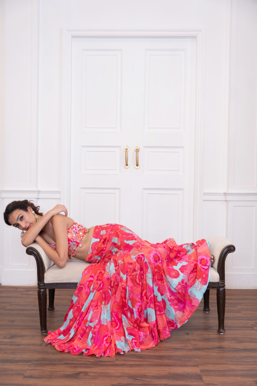 Pink fish cut lehenga with hand work choli - Image 2