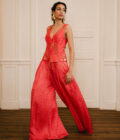 Pink and red silk checks printed pants with embroidered waistcoat