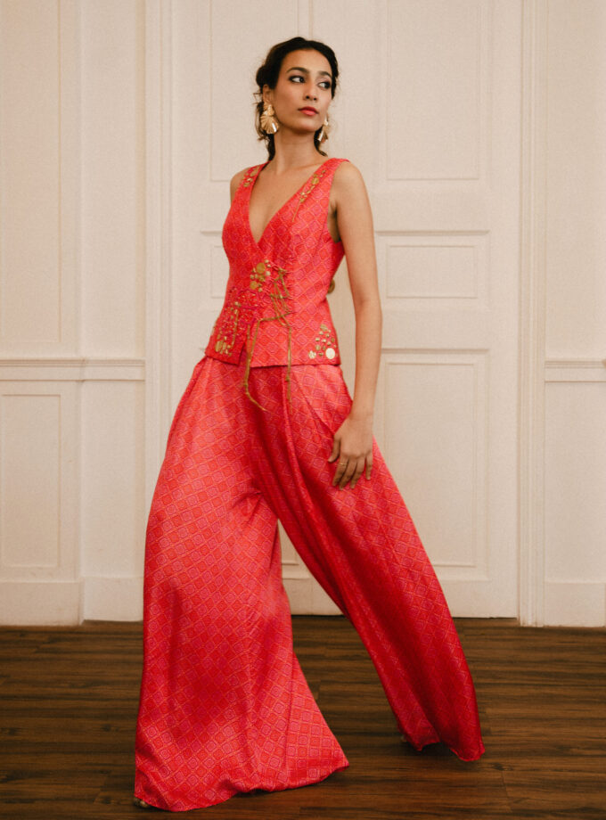 Pink and red silk checks printed pants with embroidered waistcoat