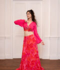Pink draped embroidered choli with fish cut lehenga