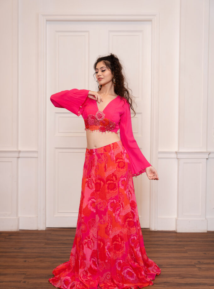 Pink draped embroidered choli with fish cut lehenga