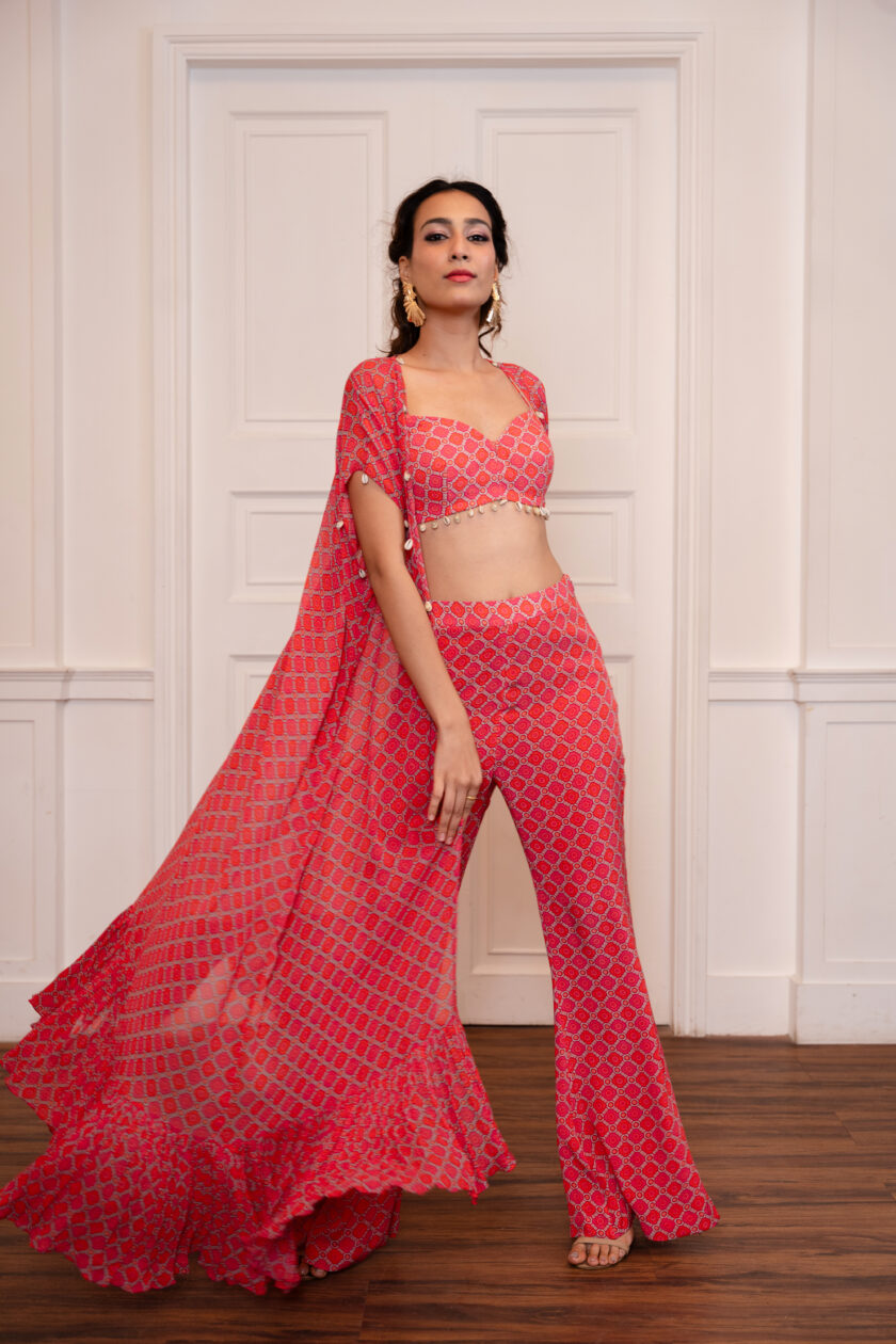 Pink printed pants with choli and cape