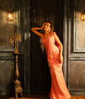 Onion pink saree with embroidered floral border and  drape choli