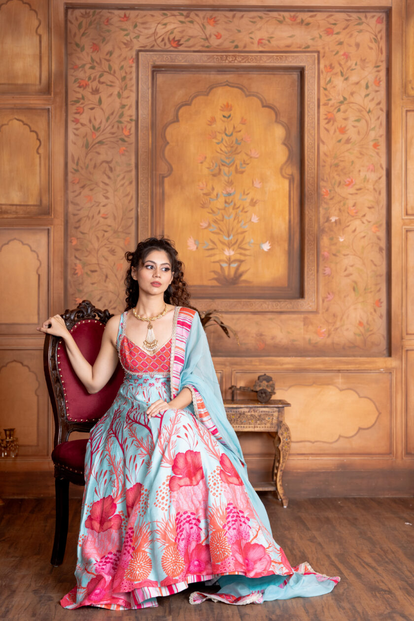 Feroze blue printed silk kali kurta set with handwork  embroidery - Image 2