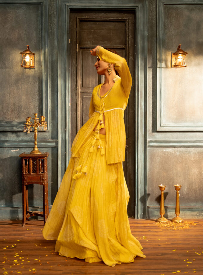 Yellow polka printed chanderi lehenga with kedia kurta