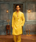 Yellow silk kurta set with mirror work embroidery