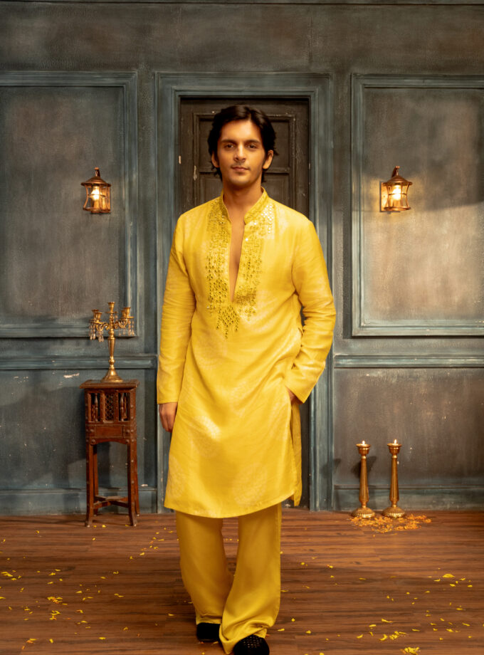 Yellow silk kurta set with mirror work embroidery