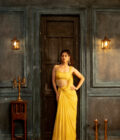 Yellow crepe silk polka draped saree with hand  embroidered blouse