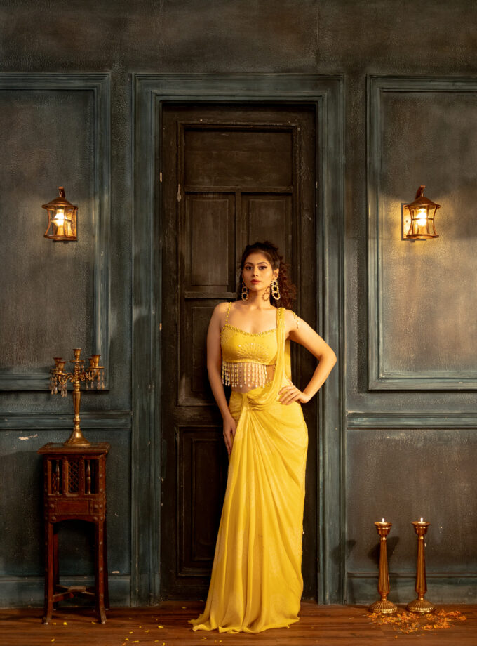 Yellow crepe silk polka draped saree with hand  embroidered blouse