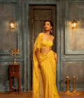 Yellow crepe silk drape skirt with embroidered  choli and cape