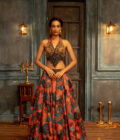 Teal pleated skirt with handwork embroidered choli