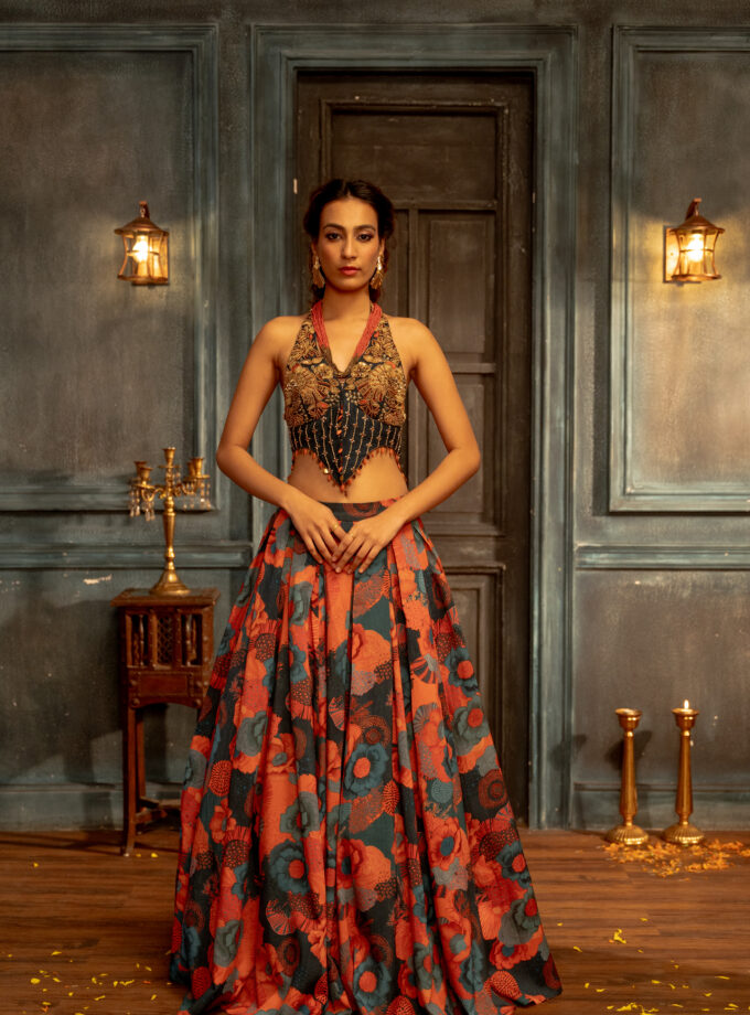 Teal pleated skirt with handwork embroidered choli